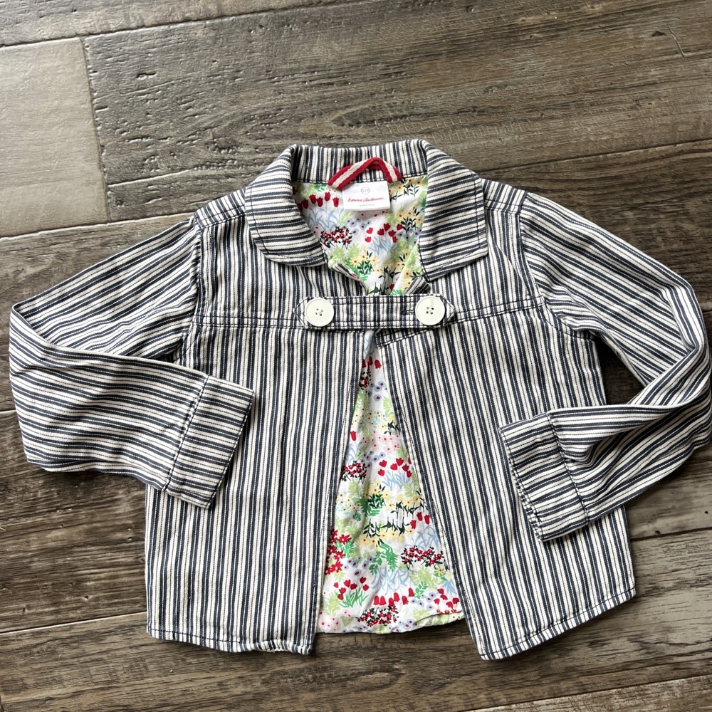 Hanna Andersson Girls Denim Jacket Ticking Stripe‎ Lined 100% Cotton Sz 120 6/7